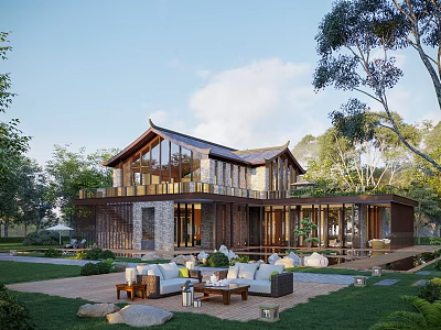 Traditional Modern Detached Villa Exterior With Glass Windows Green Lawn And Trees 3d model