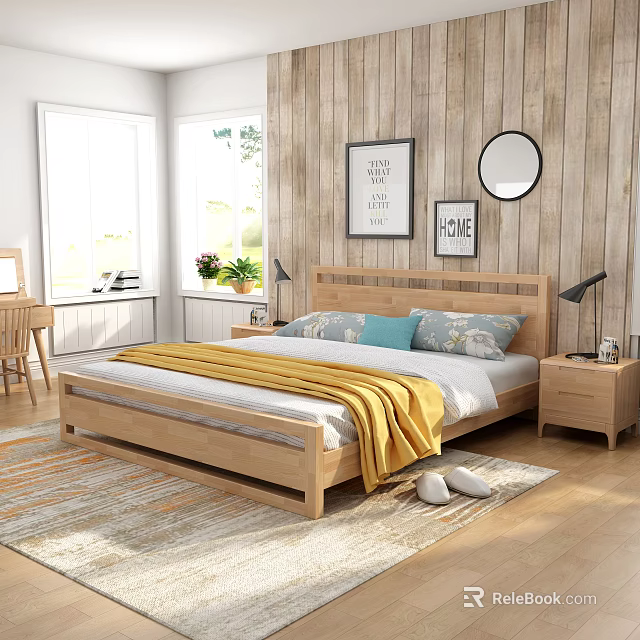 Cozy Wooden Double Bed with Bedframe Yellow Blanket Pillows Nightstands Lamps Wooden Wall Paintings Round Mirror Large Windows Natural Light 3d model 