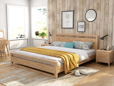 Cozy Wooden Double Bed with Bedframe Yellow Blanket Pillows Nightstands Lamps Wooden Wall Paintings Round Mirror Large Windows Natural Light 3d model