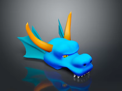 Blue Dragon Head with Orange Horns Blue Wings Yellow Eyes and White Fangs 3d model