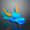 Blue Dragon Head with Orange Horns Blue Wings Yellow Eyes and White Fangs