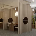Japanese Style Interior With Wooden Tea Tables Chairs Bookshelves And Hanging Lamps