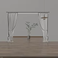 White Sheer Curtains With Black Trim On Wooden Floor With Green Plant And Hanging Lamp