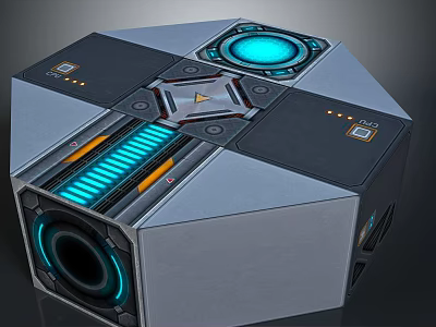 Metallic Hexagonal Futuristic Device With Blue Illuminated Elements And Circular Components 3d model
