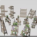 Wooden Display Shelves with Various Designs and Potted Plants for Home or Store