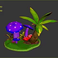 3D Model Scene with Purple Star Pattern Mushrooms Red Mushrooms Palm Tree and Green Grass