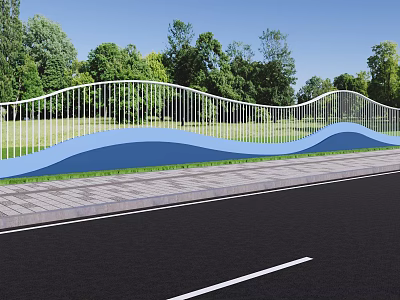 Modern Architectural Facade With Wave Shaped Blue White Railings Green Trees And Urban Street 3d model
