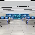 Modern Control Room Interior With Multiple Monitor Screens And Control Desks