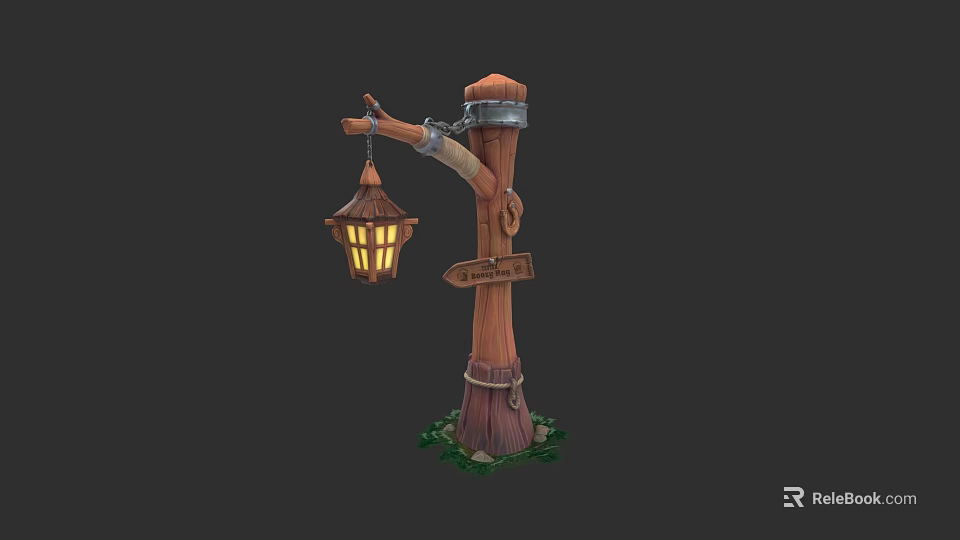 Wooden Lamp Post With Hanging Lantern And Campsite Direction Sign 3d model 