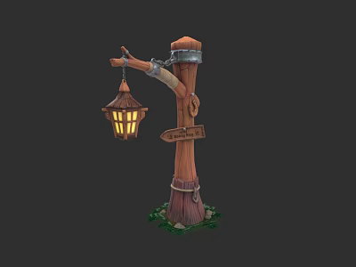 Wooden Lamp Post With Hanging Lantern And Campsite Direction Sign 3d model