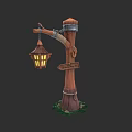 Wooden Lamp Post With Hanging Lantern And Campsite Direction Sign