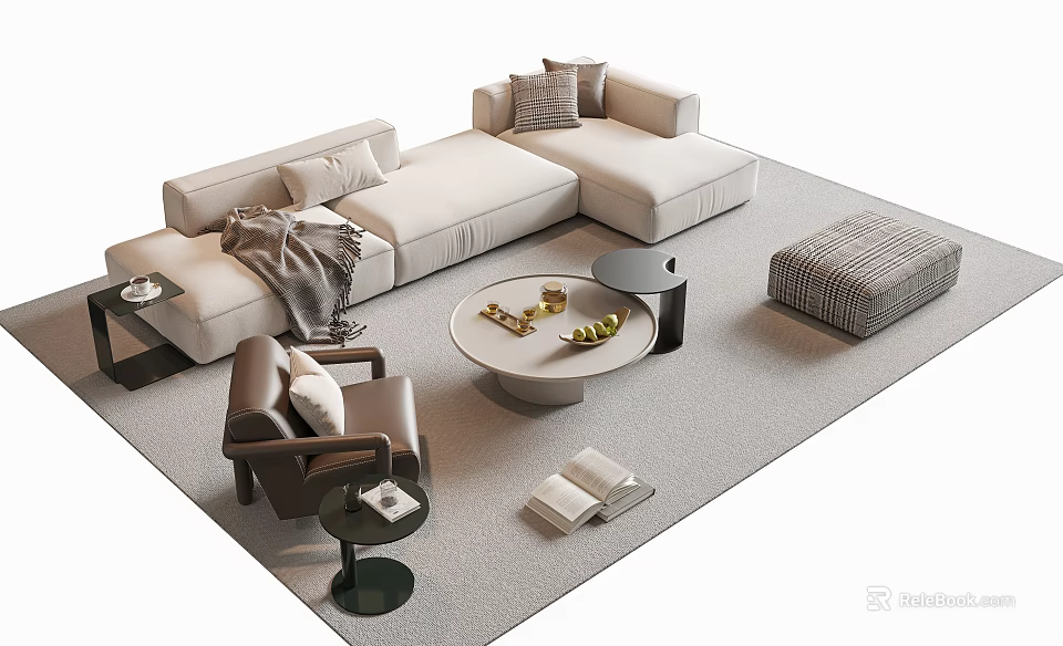 Modern L Shaped Sofa Coffee Table Set With Round Table Throw Pillows And Ottoman Rug 3d model