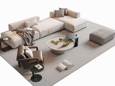 Modern L Shaped Sofa Coffee Table Set With Round Table Throw Pillows And Ottoman Rug 3d model