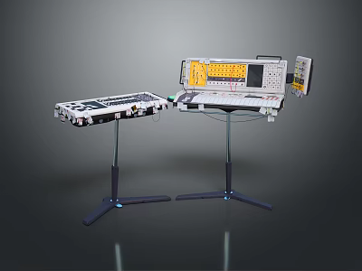 Professional Electronic Consoles With Display Screens And Control Buttons On Stands 3d model