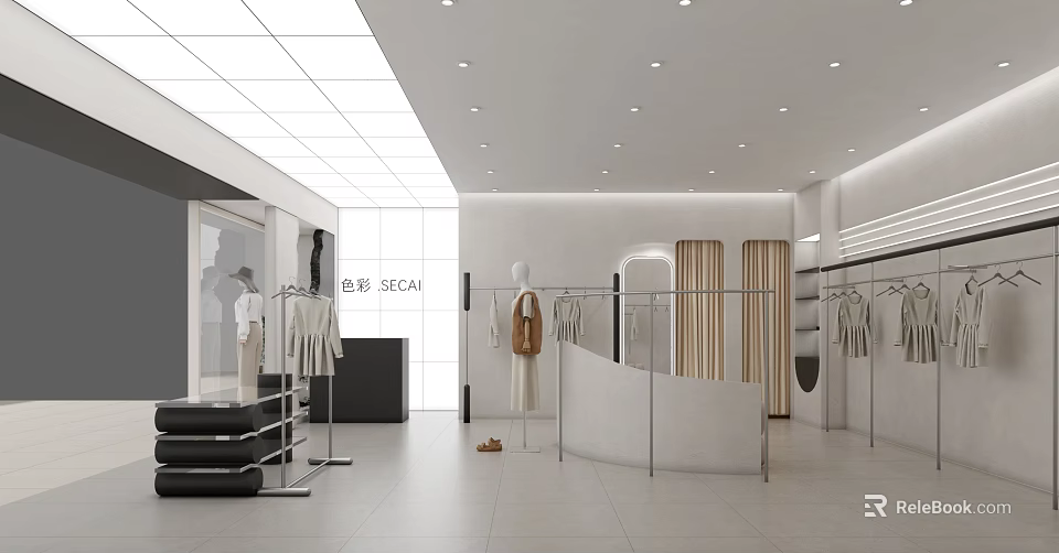 Modern Clothing Store With White Interior Mannequins Racks And Bright Lighting 3d model 