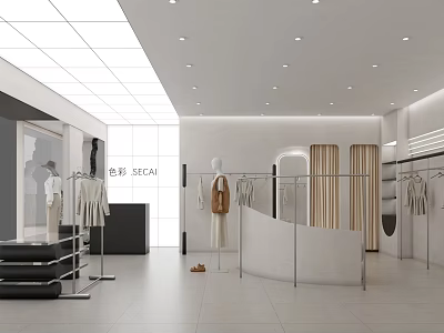 Modern Clothing Store With White Interior Mannequins Racks And Bright Lighting 3d model