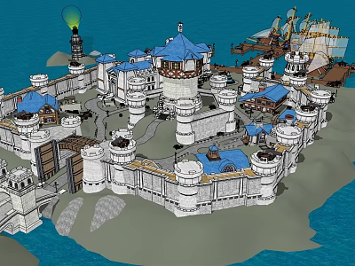 Medieval Castle With Blue Roofs White Walls Towers And Ship On Island 3d model