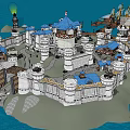 Medieval Castle With Blue Roofs White Walls Towers And Ship On Island