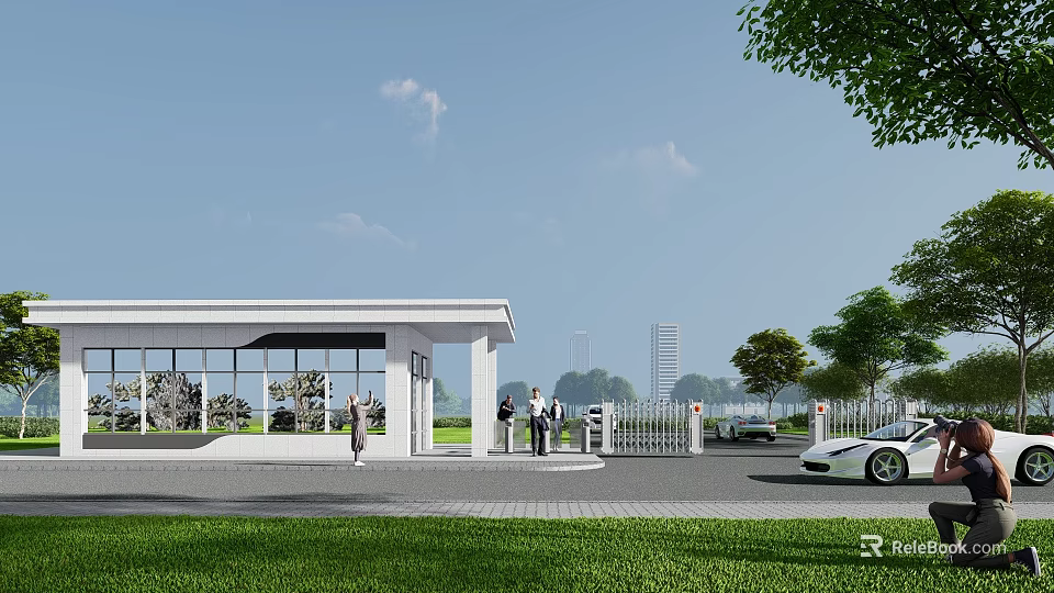 Modern Entrance Gate With White Roof Glass Walls Lawn Trees And Car 3d model 