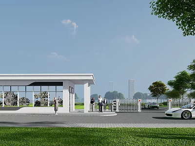 Modern Entrance Gate With White Roof Glass Walls Lawn Trees And Car 3d model