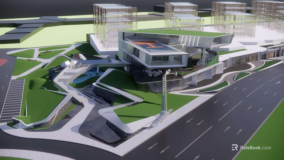 Modern Sales Office Building With Green Roof And Landscaped Urban Surroundings 3d model 