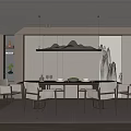 Modern Chinese Restaurant Interior With Mountain Shaped Lamp Landscape Painting Dining Table And Chairs