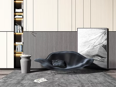Black Accent Chair in Modern Minimalist Interior with Light Wall Bookshelf Decorative Painting and Rug 3d model