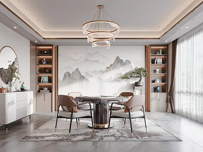 Modern Hotel Mahjong Room With Landscape Painting Round Chandelier White Cabinets Bookshelves And Green Plants 3d model