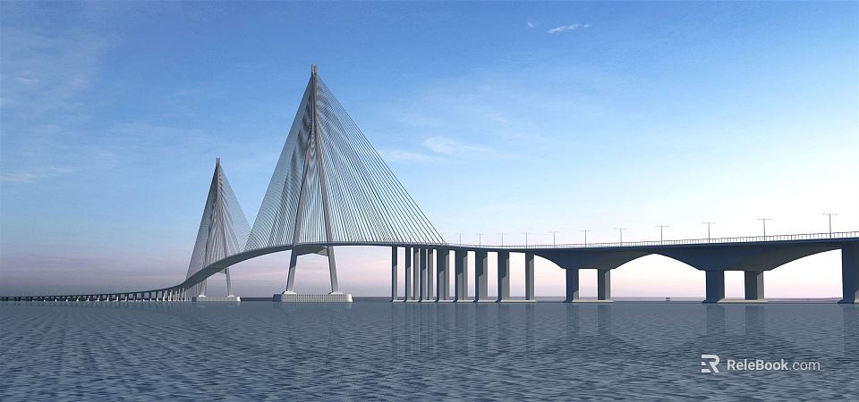 Modern Cable Stayed Bridge Spanning Calm Water Under Clear Blue Sky With Tall Piers 3d model 