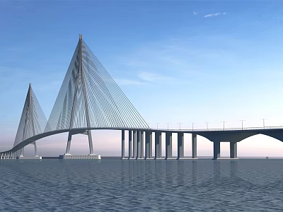 Modern Cable Stayed Bridge Spanning Calm Water Under Clear Blue Sky With Tall Piers 3d model