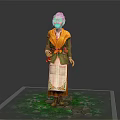 Elderly Woman in Green Coat With Yellow Scarf Standing on Grass Path With Flowers