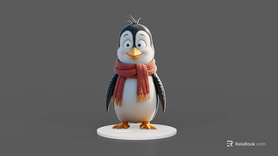 Cute Cartoon Penguin Game Movie Character Wearing Red Scarf Standing On White Base 3d model