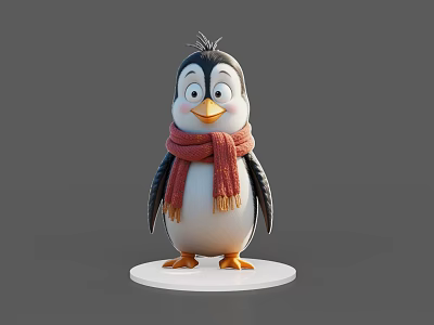 Cute Cartoon Penguin Game Movie Character Wearing Red Scarf Standing On White Base 3d model