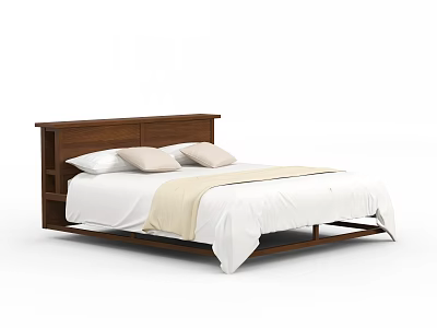 Modern Wooden Double Bed With Panel Headboard White Sheets And Light Pillows 3d model