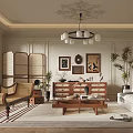Elegant Classic Living Room Interior With Wooden Screen Chandelier Sofa Coffee Table And Decorative Paintings