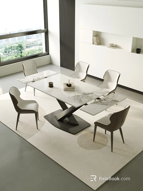 Modern Dining Set Featuring Marble Top White Chairs And Gray Accents On Area Rug 3d model 