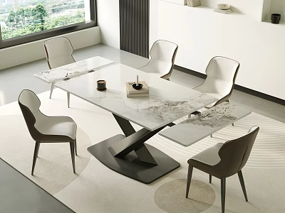 Modern Dining Set Featuring Marble Top White Chairs And Gray Accents On Area Rug 3d model