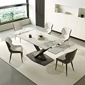 Modern Dining Set Featuring Marble Top White Chairs And Gray Accents On Area Rug