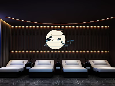 Serene SPA Sauna Interior with White Lounge Chairs Wooden Walls and Circular Moon Decor 3d model