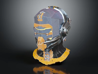 Futuristic Sci Fi Character Helmet With Mechanical Side Gears Orange Yellow Accents And Metallic Texture 3d model