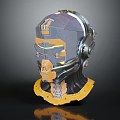 Futuristic Sci Fi Character Helmet With Mechanical Side Gears Orange Yellow Accents And Metallic Texture