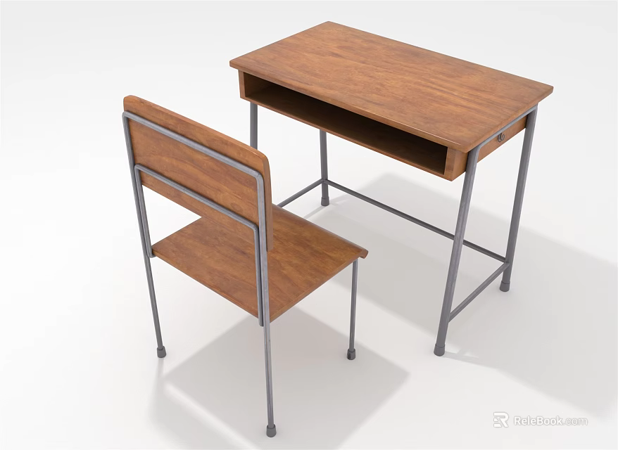 Wooden Desk And Chair Furniture Set With Metal Frame For Home Study Use 3d model 
