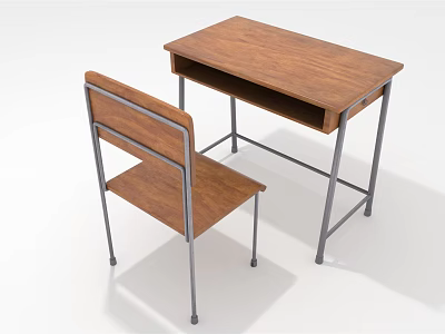 Wooden Desk And Chair Furniture Set With Metal Frame For Home Study Use 3d model