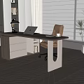 Modern Wooden Desk With Laptop Lamp And Brown Office Chair In Bright Room