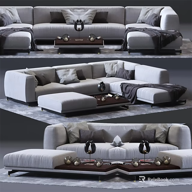 Modern Sectional Sofa With Plush Cushions And Coffee Table Decorative Items 3d model