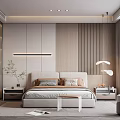 Modern Bedroom Interior Design With Wooden Panel Wall Bed And Linear Wall Light 3d model