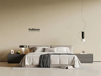 Modern Minimalist Double Bed With Pillows Blanket Nightstands And Hanging Pendant Light 3d model