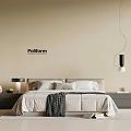 Modern Minimalist Double Bed With Pillows Blanket Nightstands And Hanging Pendant Light