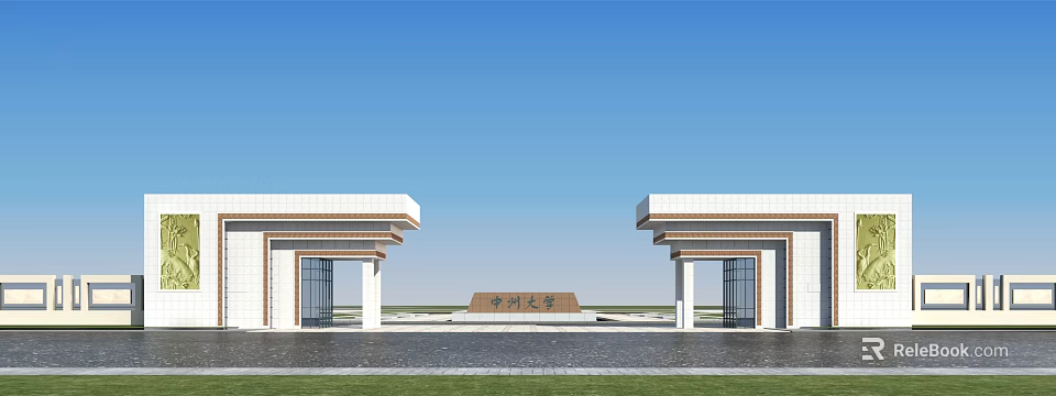 Chinese Style Symmetric Entrance Gate With Stone Tablet Water Pool And Blue Sky 3d model 