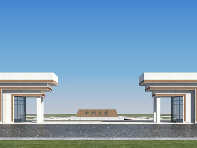 Chinese Style Symmetric Entrance Gate With Stone Tablet Water Pool And Blue Sky 3d model